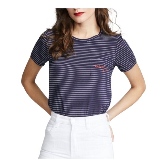 Club Monaco Leary Embroidered Bisous XX Striped Pocket Tee French Women's XS - Picture 2 of 7